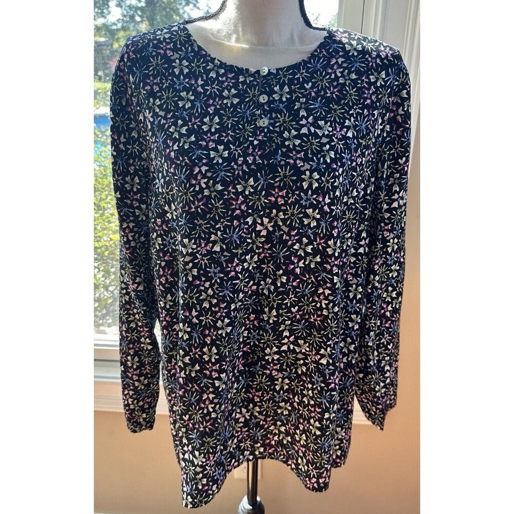 J. Jill Shirt Women XL Black Floral Long Sleeve Blouse Top, Rayon, Pink Blue Grn